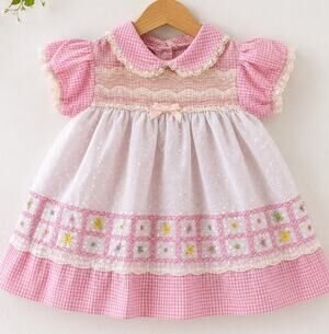 Vtg Roanna Baby Girls Dress 9M Pink Gingham Smocked Lace Embroidered Bow Easter